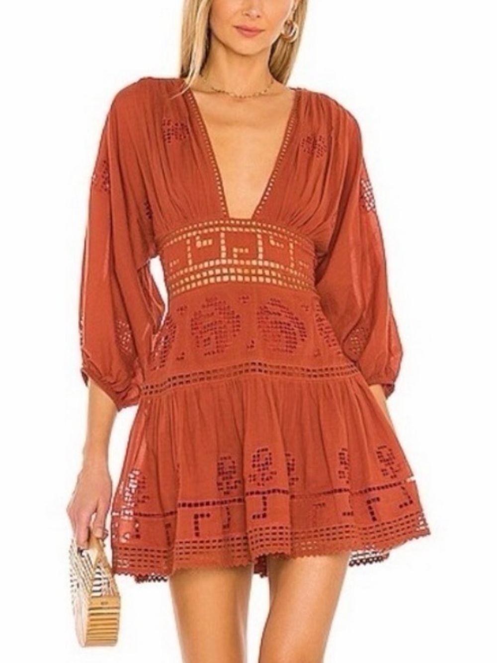 NWOT Free People Mini Dress With 3/4 Length Sleeves /Open Back/ Lower Zip Back